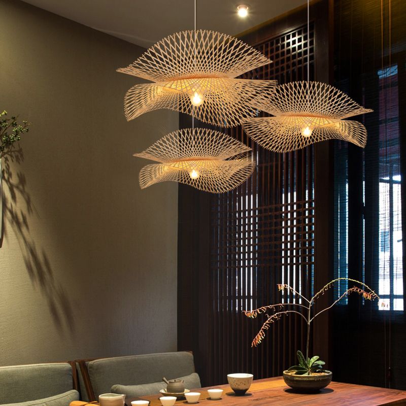 1-Head Dining Room Pendant Lamp Asian Style Hanging Light with Bamboo Shade