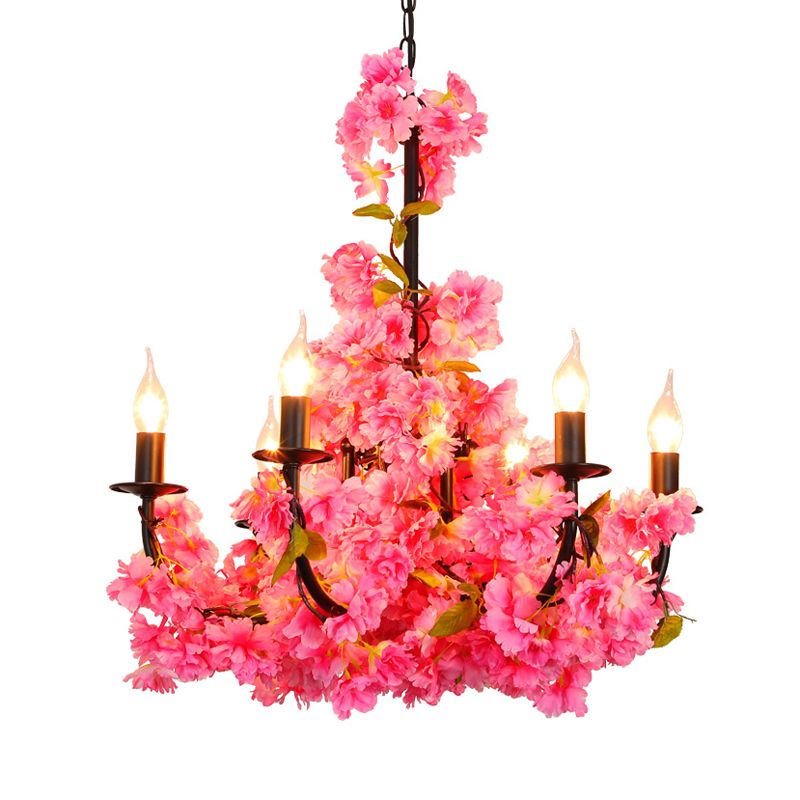 Farm Candelabra Chandelier Pendant Light 6 Heads Iron Hanging Lamp in Black with Flower Decor