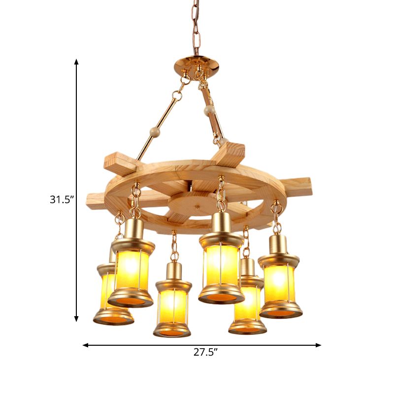 Orange Glass Gold Chandelier Lamp Lantern 6-Light Industrial Pendant Lighting Fixture with Wood Rudder Deco