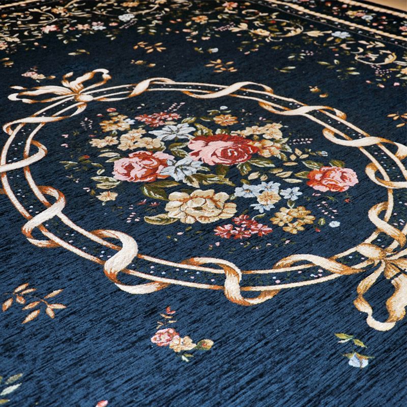 Alfombra retro de azul oscuro mezcla de algodón floral estampado alfombra antideslizante de respaldo antideslizante alfombra de área fácil resistente a manchas para salón