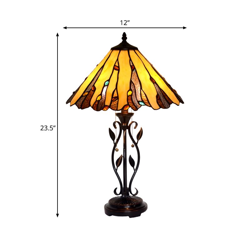 Coffee Candle Pull-Chain Table Lamp Tiffany 2-Light Metal Night Lighting with Cone Stained Glass Shade