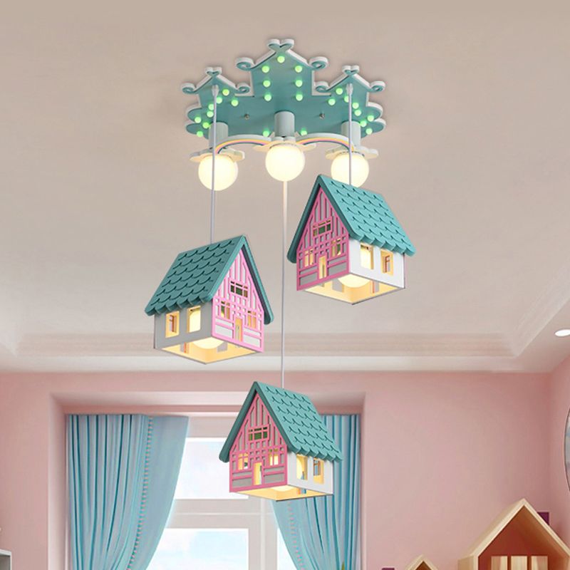 Wooden House Shaped Hanging Light Kids Style 6 Heads Multi Light Pendant for Child Room