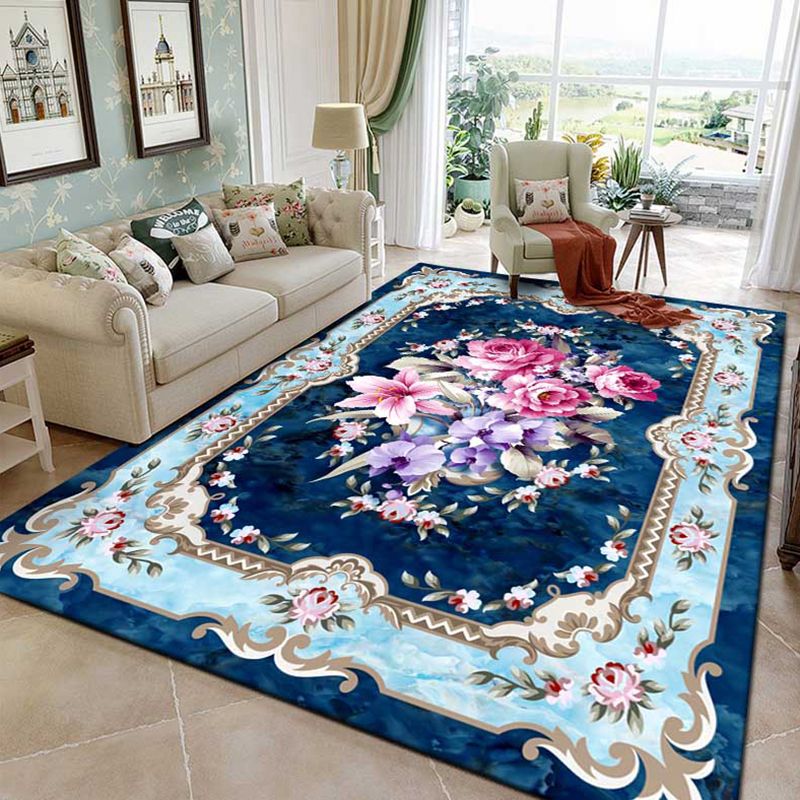 Navy Traditional Area Rug Medallion Pattern Polyester Area Carpet Stain Resistant Rug for Home Decor