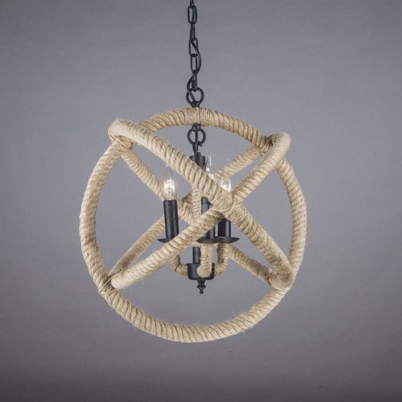 Rope Antique Cage Chandelier 3-Light Hanging Pendant Lights for Dining Room