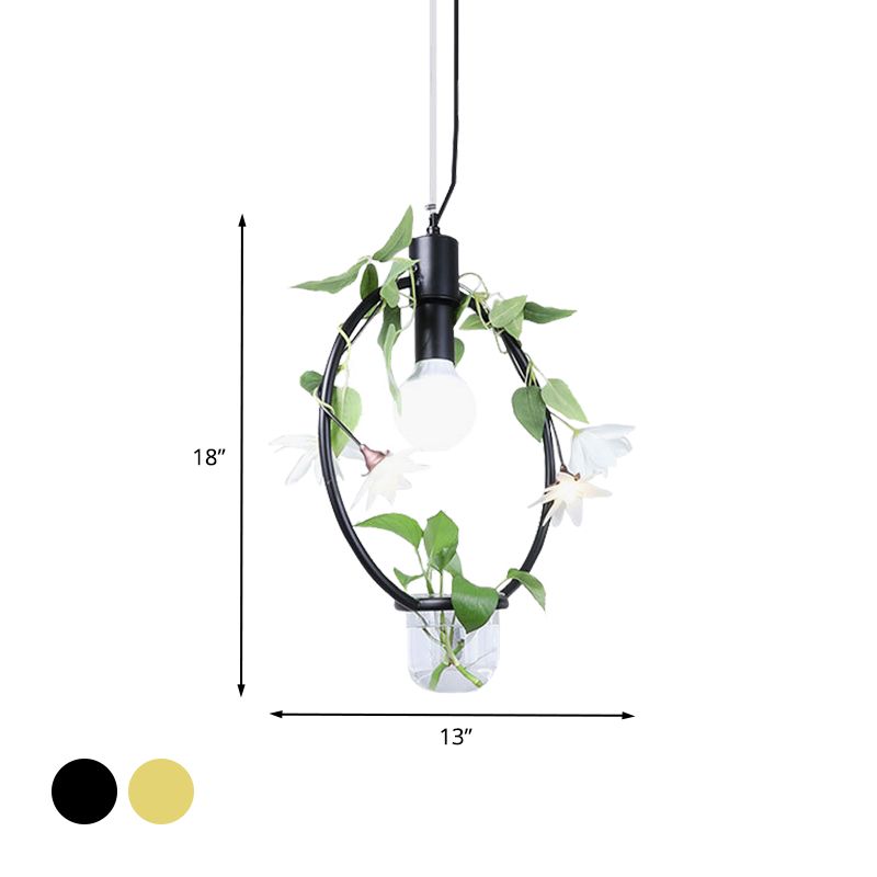 1 Light Pendant Lamp Farmhouse Triangle/Round/Square Frame Metal Hanging Ceiling Light in Black/Gold with Plant Pot and Fake Flower Vine