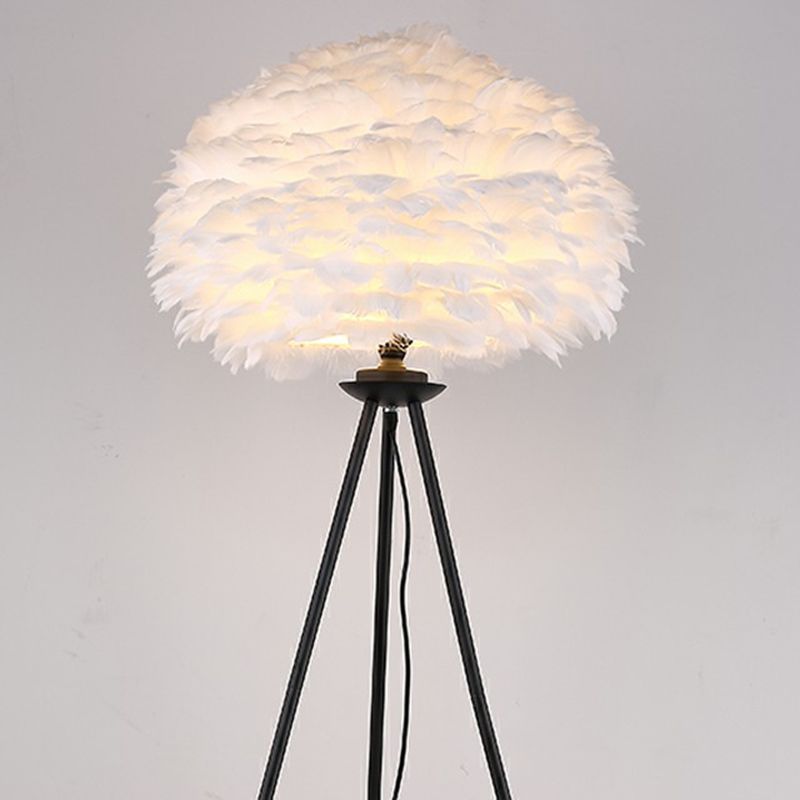 1-Light Living Room Floor Light Minimalist Black-White Stand Up Lamp with Dome Feather Shade