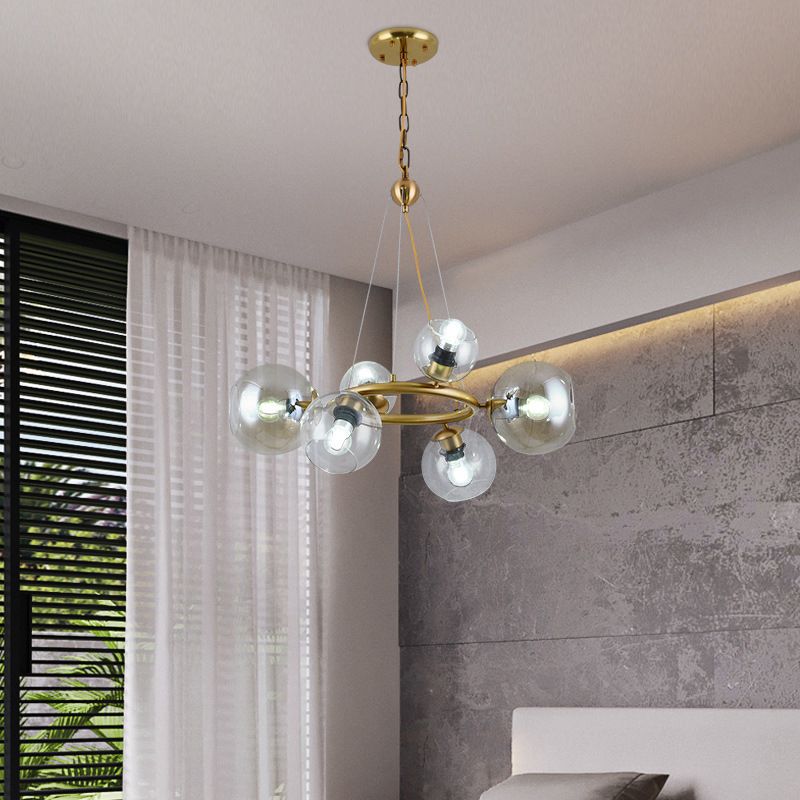 Gold Spherical Pendant Chandelier Contemporary 6/9 Heads Clear Glass Ceiling Hanging Light