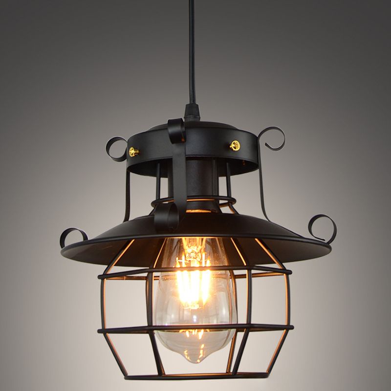 Retro Industrial Open Grid Cage Pendant Light Iron 1 Light Black Suspension Light  for Dining Table