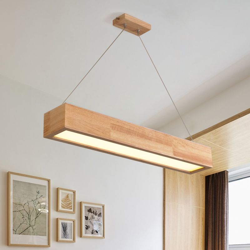 Beige Linear LED Pendant Light Modern 1-Head Wood Hanging Ceiling Lamp in Warm/White Light, 23.5"/35.5"/47" Wide