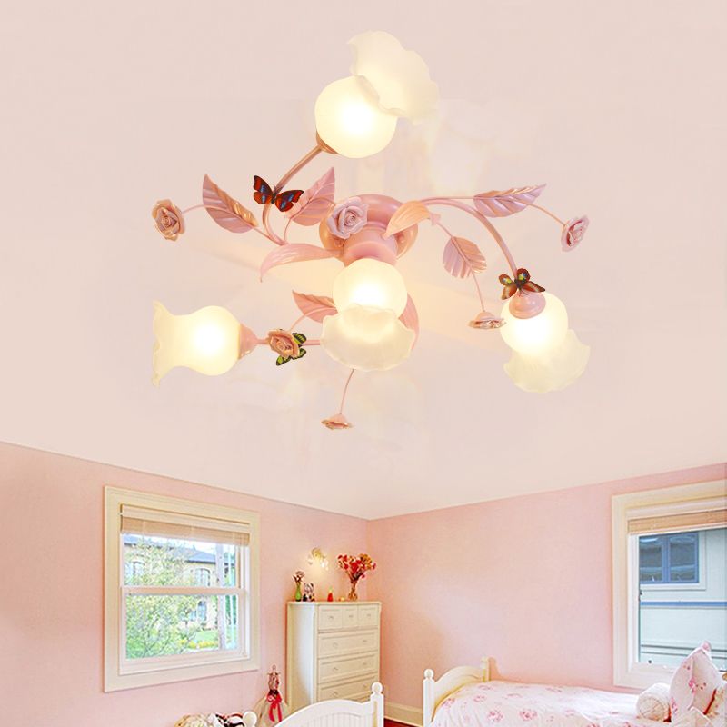 4/7 Lampenlampen Spiraldecke Leuchte Leuchte traditionelle rosa Satin Opalglas Halbflush -Halterung Beleuchtung für Schlafzimmer