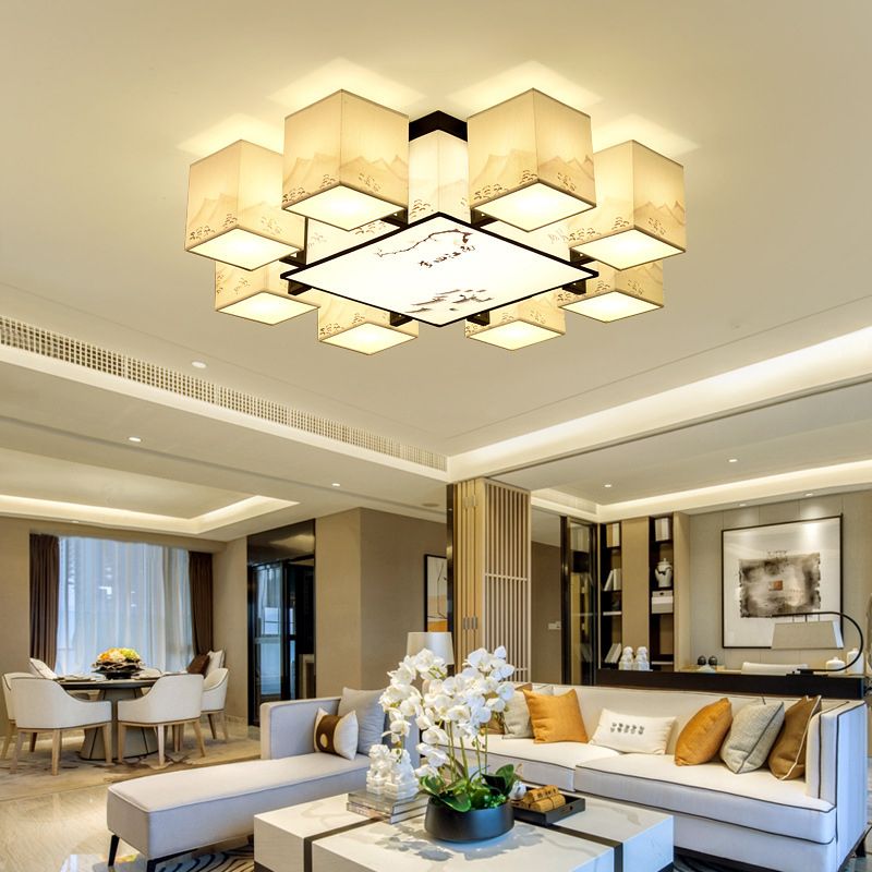 Beige Rectangular LED Semi Flush Mount in Traditional Concise Style Wrought Iron Ceiling Light with Fabric Shade