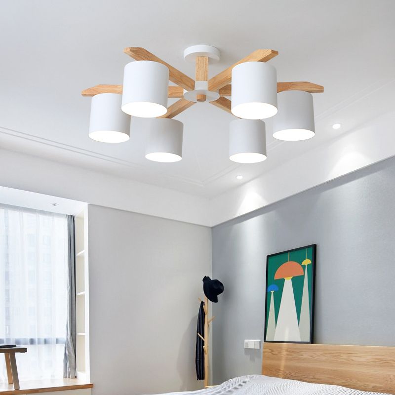 Contemporary Simplicity Solid Wood Ceiling Light Metal Cylindrical Shade Semi Flush Mount Lamp for Living Room