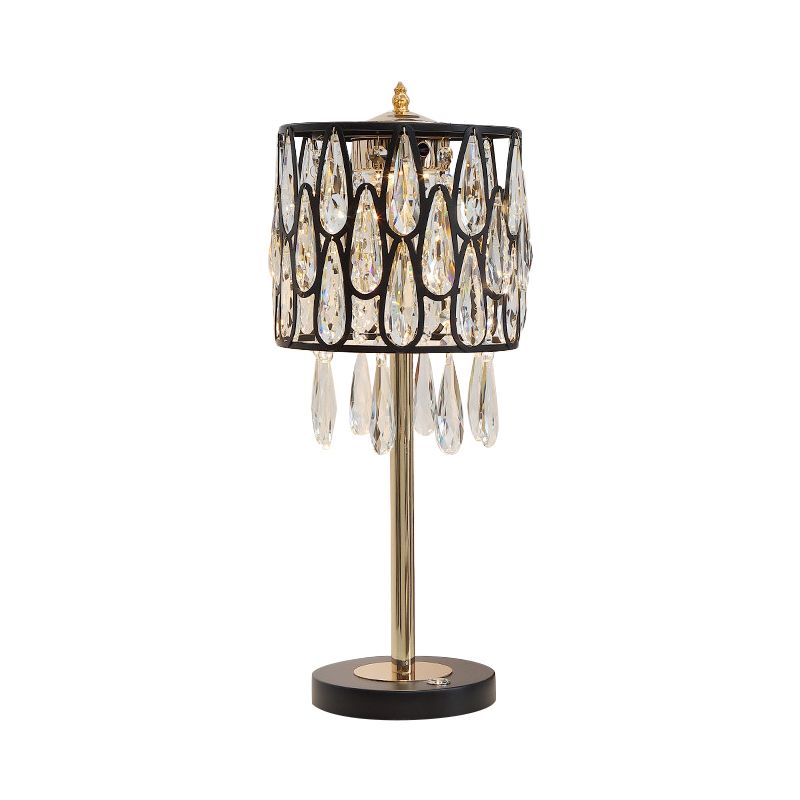 Metal Black/Gold/Champagne Nightstand Lamp Drum Shade 1 Head Contemporary Table Light with Crystal Raindrops Encrusted