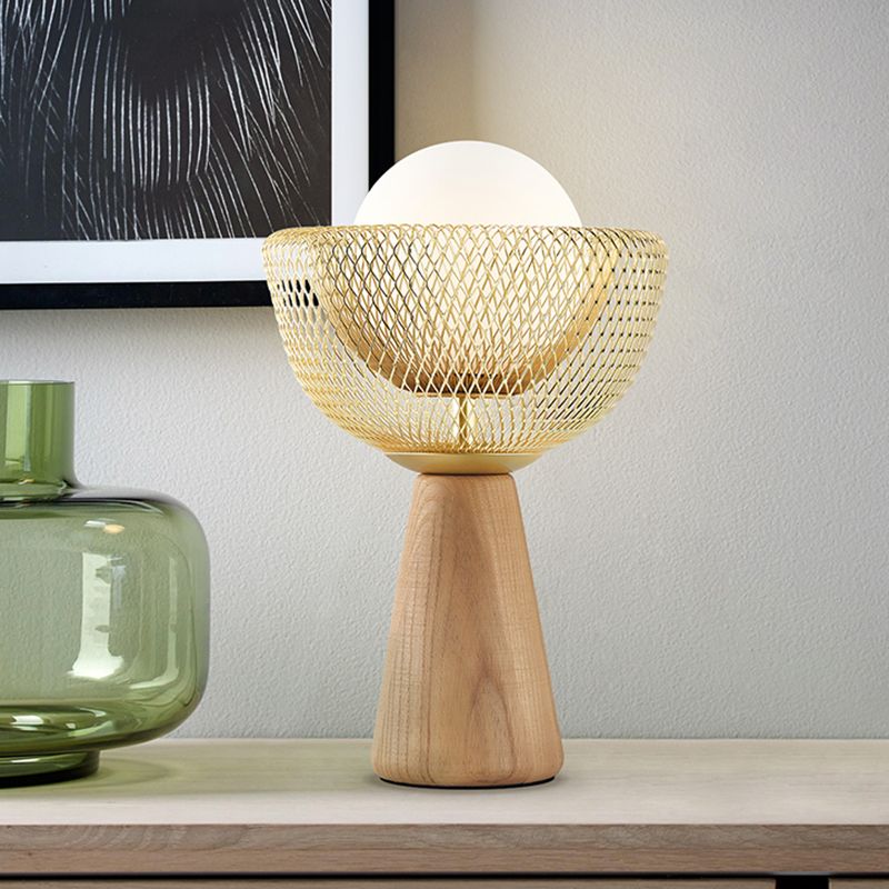 Bowl Nightstand Lighting Modernist Metal 1 Bulb Bedroom Wood Desk Light in Beige with Ball Opal Glass Shade