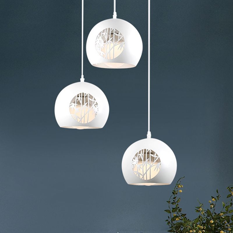 Modernist Global Multi Light Pendant Iron 3-Light Dining Room Hanging Lamp in White with Laser Cut Bamboo Pattern