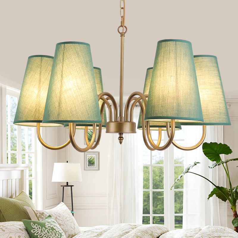 Curvy Arm Living Room Suspension Light Metal 6 Bulbs Artistic Chandelier Light with Bucket Fabric Shade