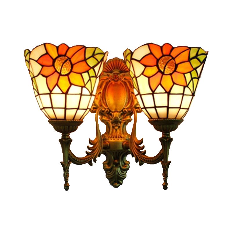 Sunflower Wall Mount Light Lodge Style Stained Glass 2 Heads Wall Lighting for Bedroom