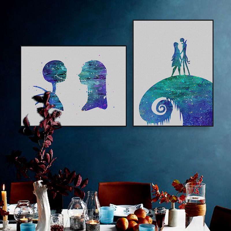 Blue Watercolor Wall Art Print Lovers Minimalism Textured Canvas for Dining Room