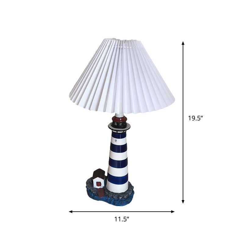 Lighthouse Shape Table Light Cartoon Resin 1 Light White and Black Night Lamp with Pleated Fabric Shade