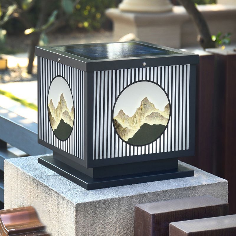 Metal Square Shape Outdoor Lights Modern Style 1-Light Solar Pillar Lamp