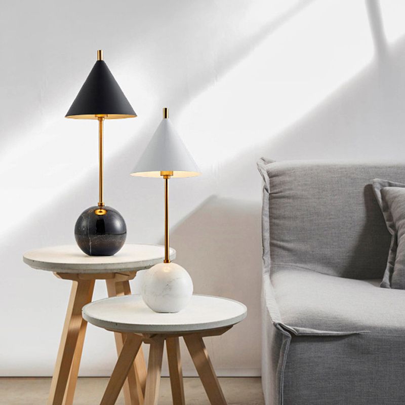 Globe Nightstand Light Nordic Marble 1-Light Black/White and Brass Table Lamp with Cone Shade