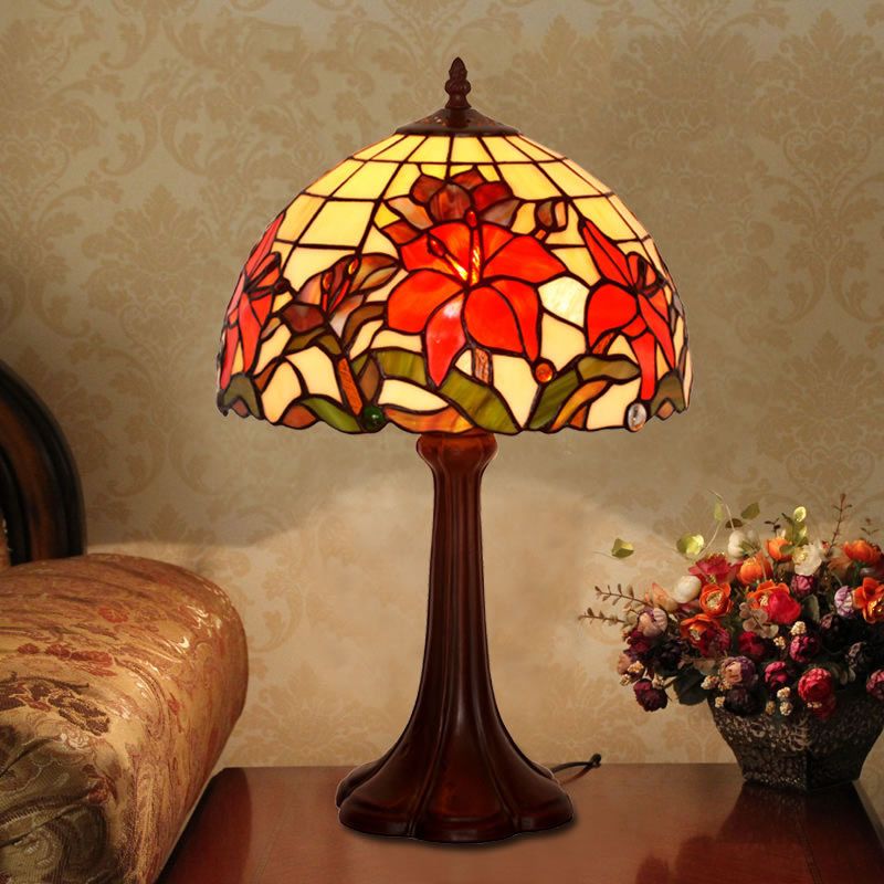 Coffee 1 Head Table Lamp Tiffany Handcrafted Art Glass Floral Night Stand Light with Dome Shade