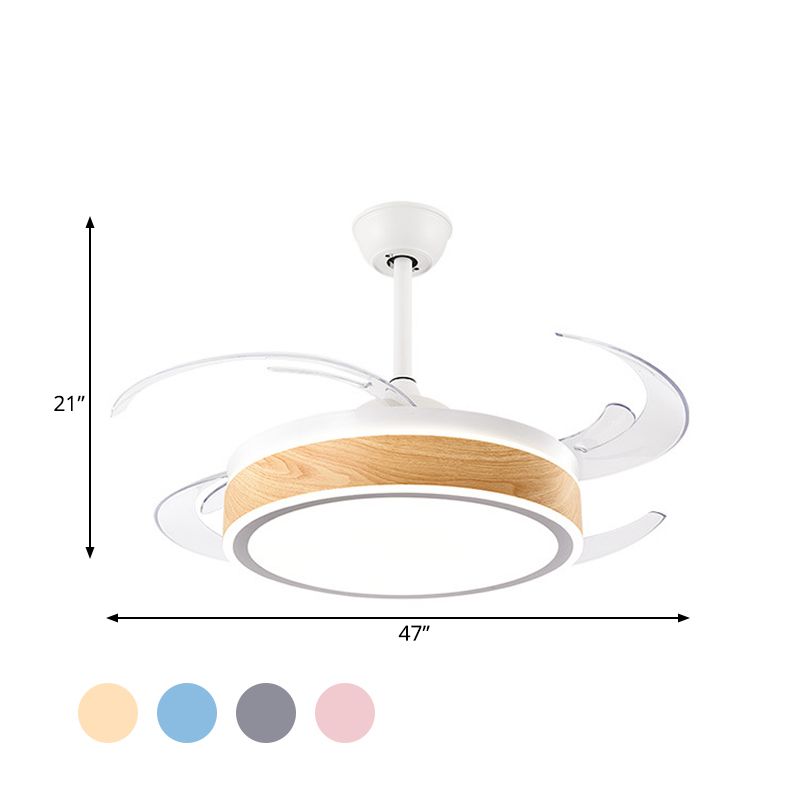 Metalen ronde hangende ventilator licht eenvoudig moderne 4 bladen led semi -spoel gemonteerde lamp in grijs/roze/blauw voor eetkamer, 47 "breed