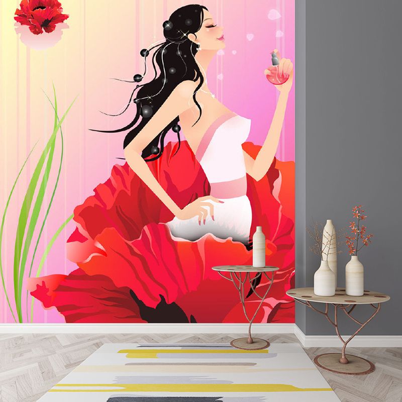 Cartoon Lady in Flower Mural Wallpaper Non-Woven Fabric Eco-friendly Pink Wall Covering for Bedroom