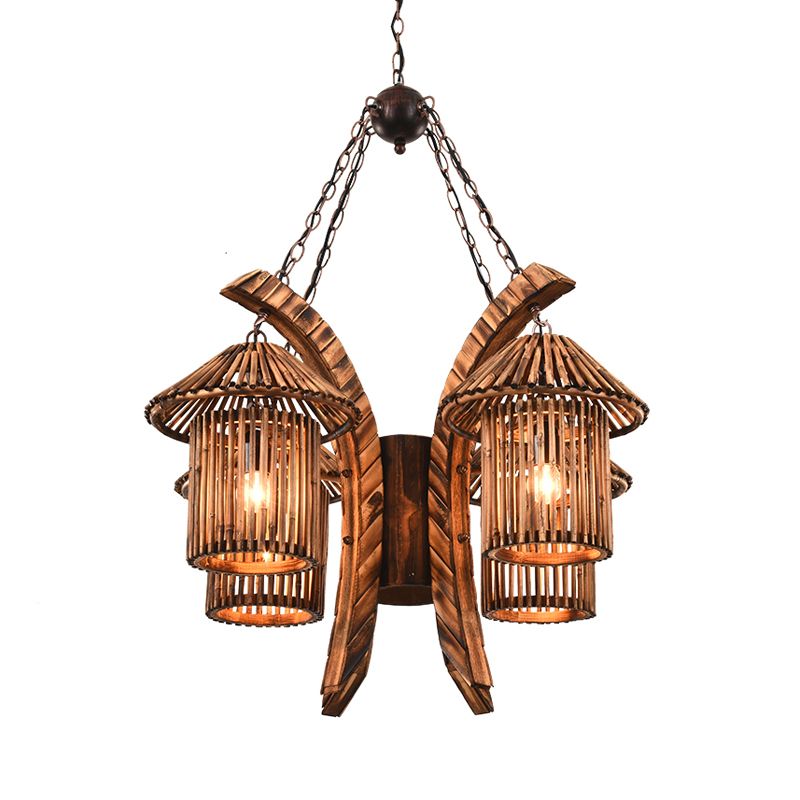 4 Lights Wood Chandelier Light Warehouse Brown Lantern Dining Room Hanging Pendant with Curved Arm