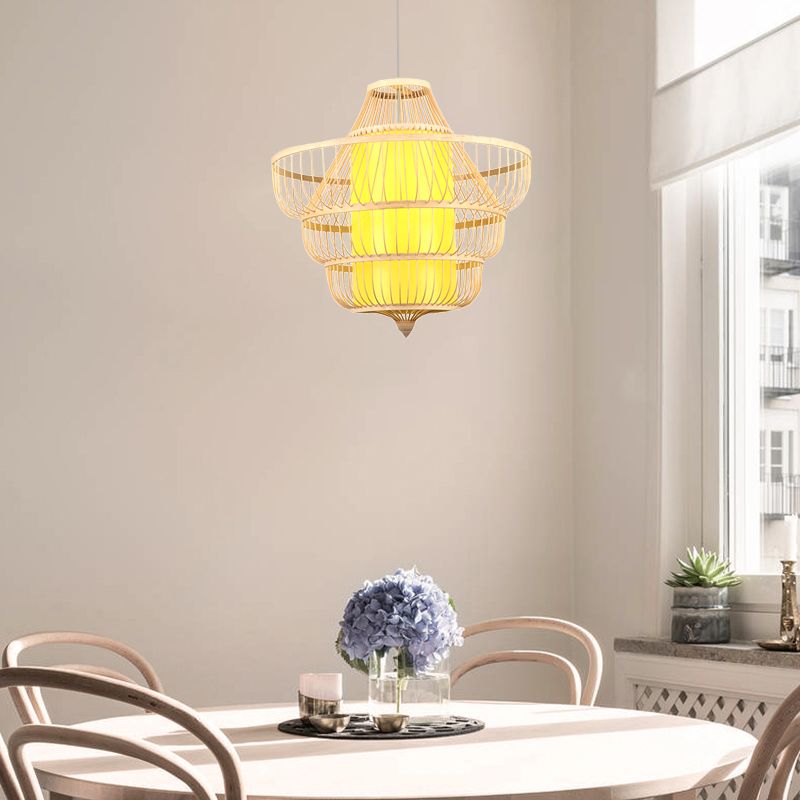 Hand-Worked Pendant Lighting Modernist Style Bamboo 1 Head Beige Hanging Fixture for Dining Room