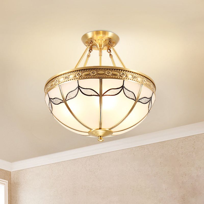 Domed Opal Glass Semi Mount Lighting Vintage 4-Light Bedroom Semi Flush in Brass, 12.5"/16" Wide