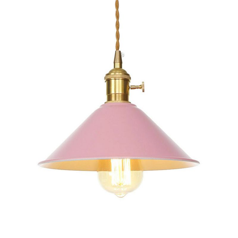 1 Bulb Ceiling Hang Lamp Nordic Kitchen Bar Pendant Light with Barn/Cone Iron Shade in Pink/Blue/Green