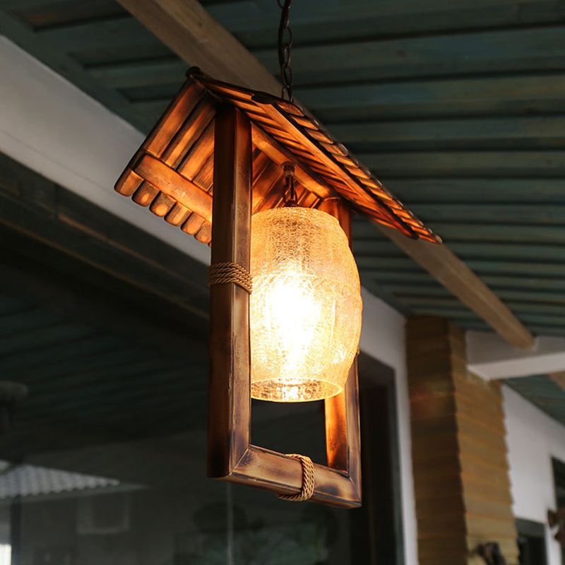 Rectangle Hanging Ceiling Light Rustic Bamboo 1 Bulb Foyer Pendant Lamp with Crackle Glass Shade in Beige