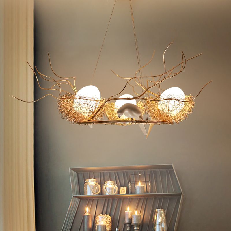 3 Lights Circle Nest Chandelier Lovely Metal Pendant Light with Bird & Egg in Gold for Cafe