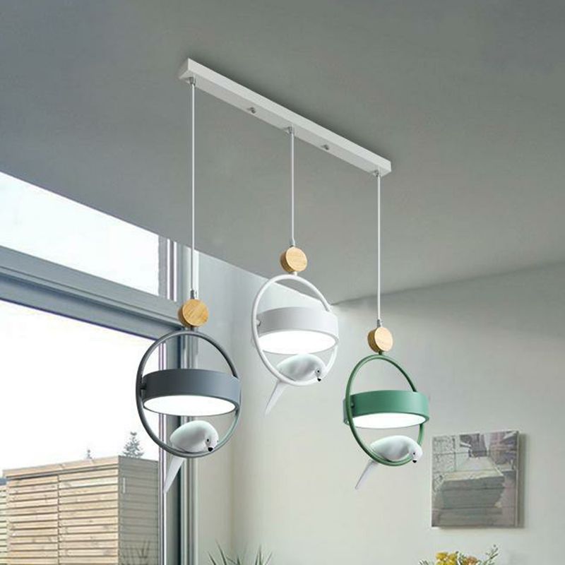 Ring Dining Room Multi Ceiling Lamp Metal 3 Bulbs Simplicity Suspension Light with Bird Decor in Gray-Green