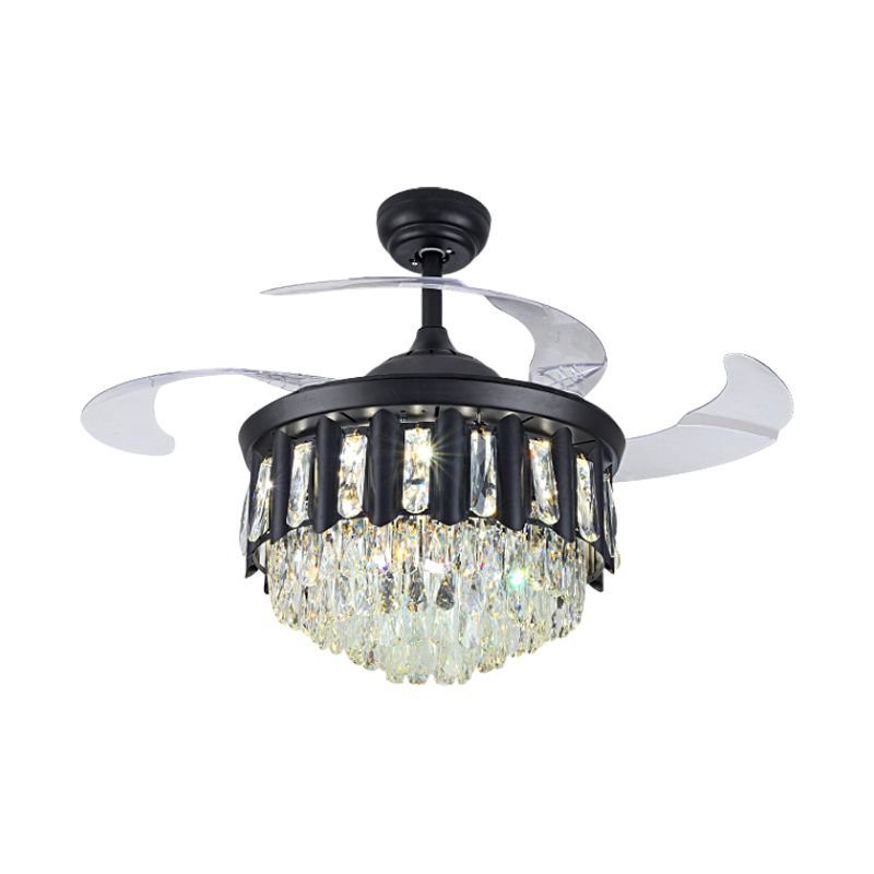 19" W Modern Tapered Semi Flush Mount Hand-Cut Crystal LED Parlor Pendant Fan Light in Black with 4 Blades