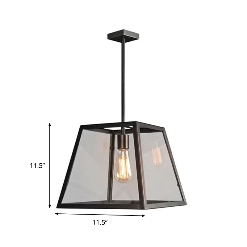 Luz de colgante trapezoide de metal y vidrio Lámpara de suspensión de mesa de comedor de 1 luz tradicional en negro