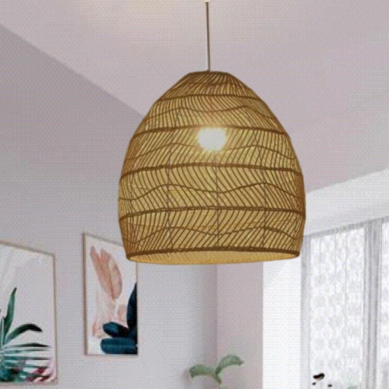 Handwoven Dome Pendant Light Fixture Chinese Rattan Fiber 1-Light Ceiling Light for Dining Table