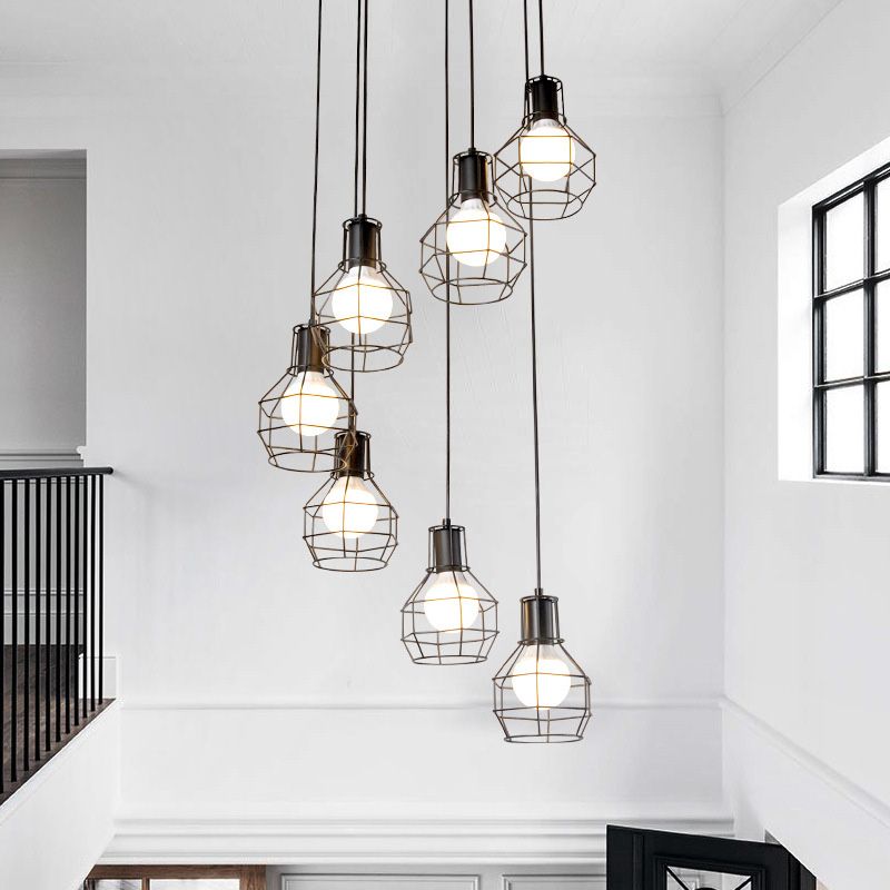 Black Staircase Hanging Light in Modern Classic Style Wrought Iron Cluster Pendant Light with Iron Frame