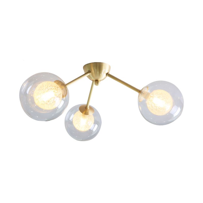 Modern Global Semi Flush Mount Clear/Amber/Smoke Glass 3/6 Lights Led Bedroom Semi Flush Mount Light Fixture in Gold