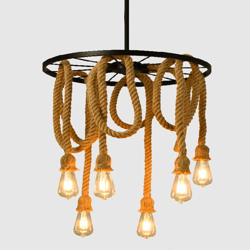 Industrial Style Hemp Rope Chandelier Creative Retro Bare Bulb Lighting Fixture for Coffee Shop