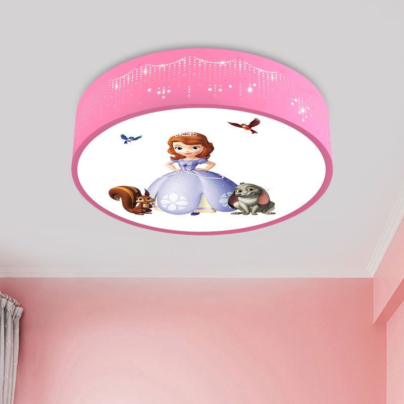 Princess Patterned Drum Ceiling Light Cartoon Acrylic Girl's Room LED Flush Mount Fixture in Pink