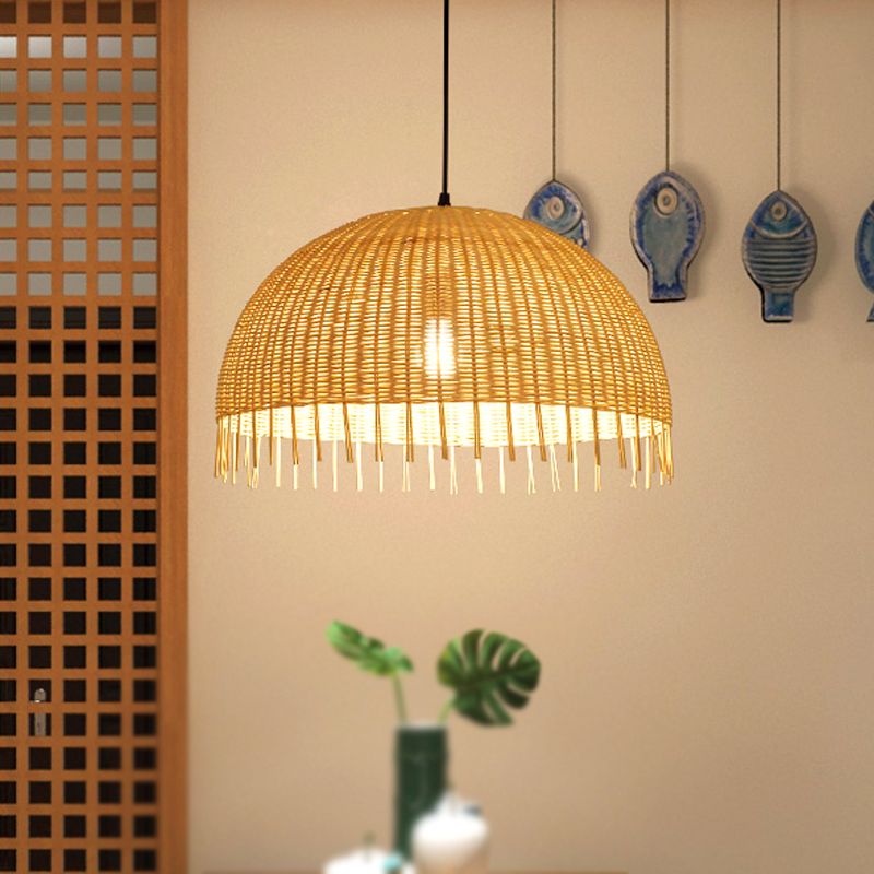 Beige Hand-Woven Pendant Light Fixture with Dome Shade Modern Style 12"/16" W 1 Head Rattan Hanging Lamp