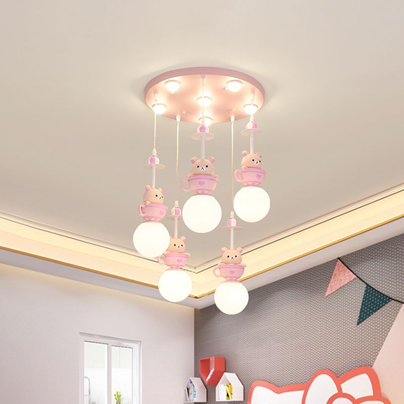 5-Light Nursery Room Suspension Lamp Modern Pink Multi Light Pendant with Global Cream Glass Shade, Warm/White Light