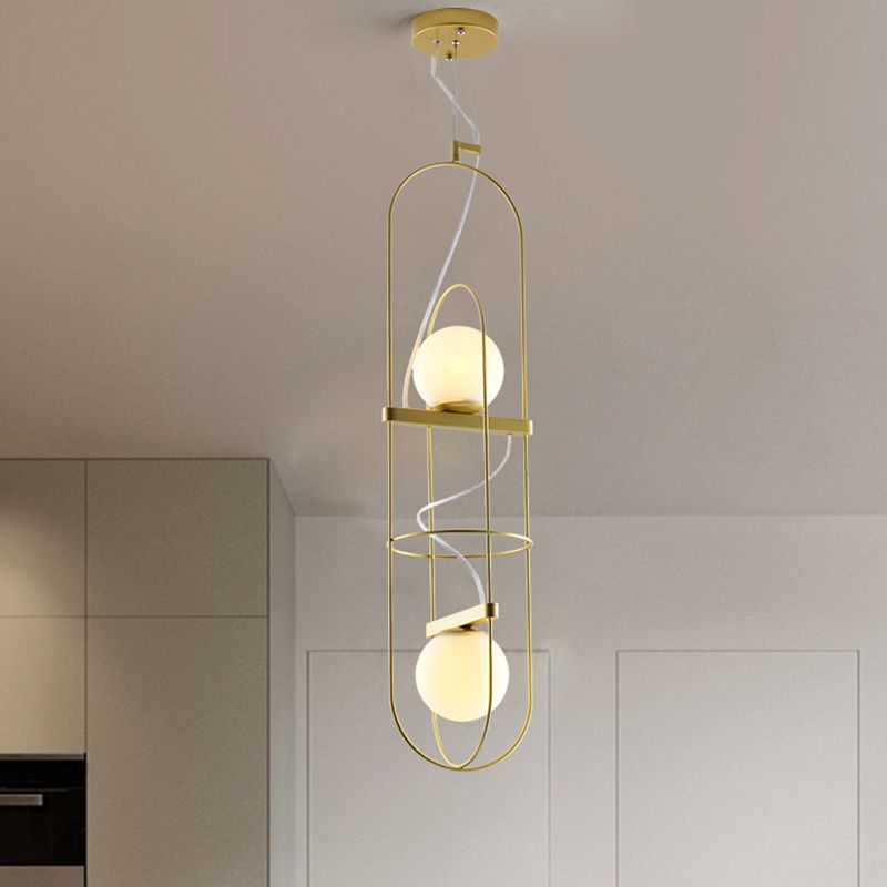 Double Light Oblong Hanging Pendant Lamp Post Modern Metal Suspension Light in Gold