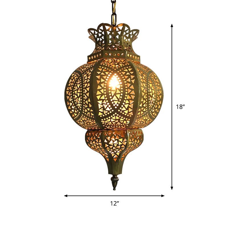 Brass 1-Bulb Hanging Lighting Vintage Metal Gourd Shade Ceiling Pendant Lamp with Hollow Out Design