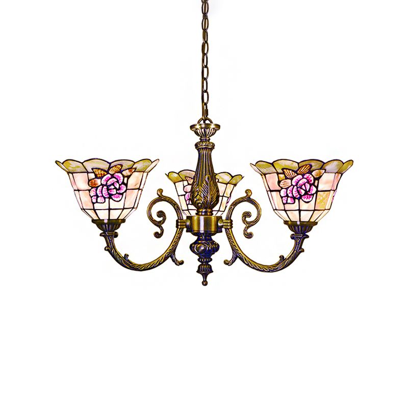 Bell Shape Hanging Lamp Retro Style Stained Glass 3 Heads Flower Chandelier Light with Chain for Bedroom