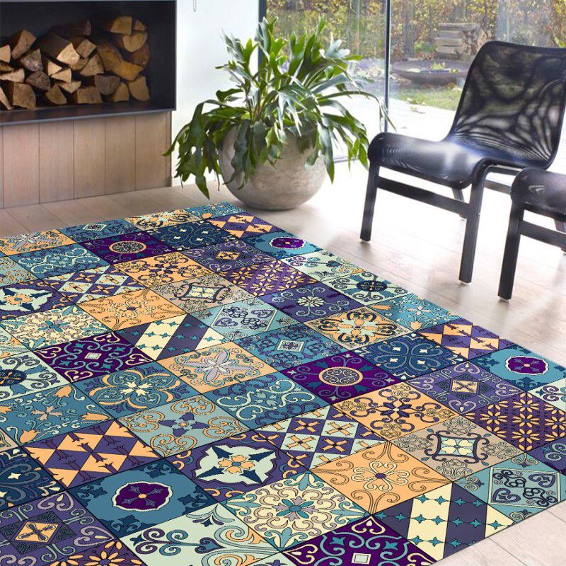 Moroccan Mosaic Print Rug Multi Colored Polyester Carpet Non-Slip Backing Washable Pet Friendly Rug for Living Room