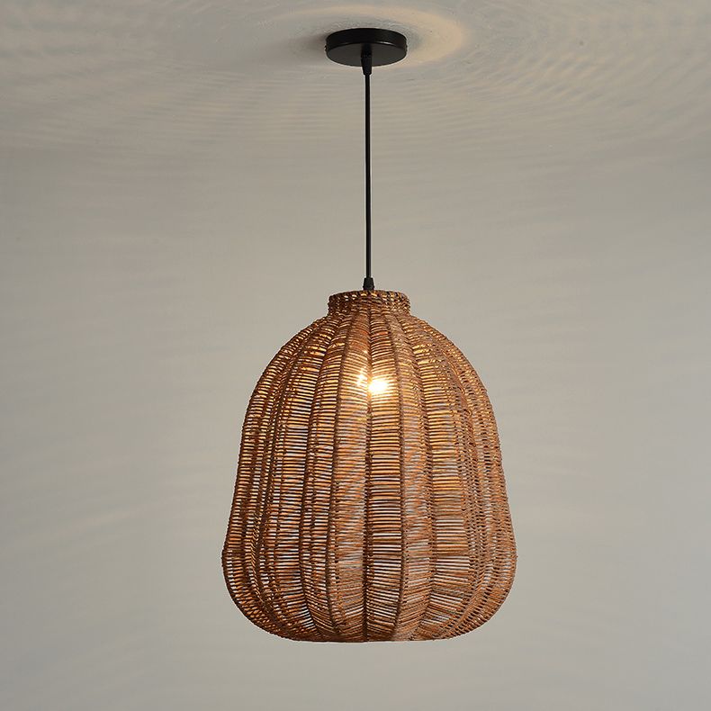 Farmhouse Natural Rattan Ciondolo illuminazione a 1 luce Sala da pranzo a sospensione in marrone