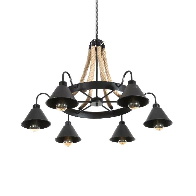 Wheel Restaurant Chandelier Lighting Loft Style Rope 6/8 Heads Brown Pendant Light with Cone Metal Shade